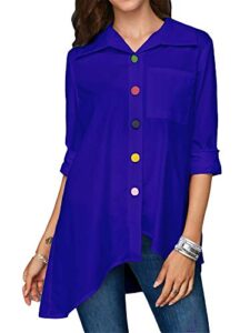 andongnywell womens roll up sleeve irregular hem button shirts pullover stretch formal casual shirt blouse (blue,8,5x-large)
