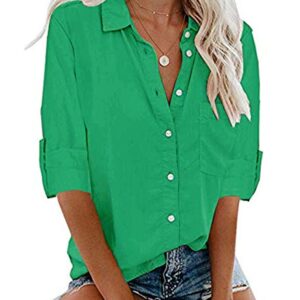 Andongnywell Women Solid Color Long Sleeve V Neck Shirts Button Down Basic Tops V-Neck Button Shirt (Green,8,5X-Large)