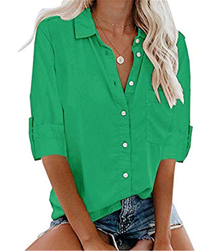 Andongnywell Women Solid Color Long Sleeve V Neck Shirts Button Down Basic Tops V-Neck Button Shirt (Green,8,5X-Large)