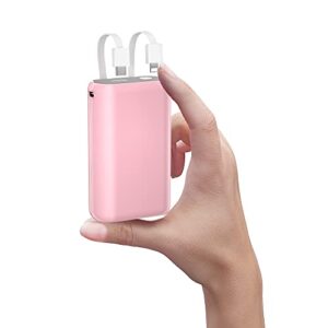 boanv 12000mah【2023 upgraded】 mini lightweight portable battery charger with 2 built-in cables (type c, ios), fast phone charging battery pack power bank portable charger (pink)