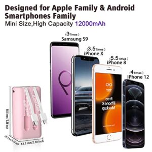 BOANV 12000mAh【2023 Upgraded】 Mini Lightweight Portable Battery Charger with 2 Built-in Cables (Type C, iOS), Fast Phone Charging Battery Pack Power Bank Portable Charger (Pink)