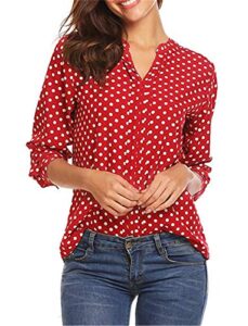 andongnywell women’s dots roll long sleeve blouse shirt dot printed v-neck long sleeve ladies t shirt (red,6,3x-large)