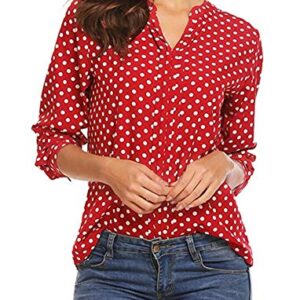 Andongnywell Women's Dots Roll Long Sleeve Blouse Shirt Dot Printed V-Neck Long Sleeve Ladies T Shirt (Red,6,3X-Large)