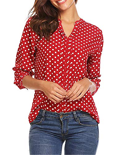 Andongnywell Women's Dots Roll Long Sleeve Blouse Shirt Dot Printed V-Neck Long Sleeve Ladies T Shirt (Red,6,3X-Large)