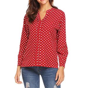 Andongnywell Women's Dots Roll Long Sleeve Blouse Shirt Dot Printed V-Neck Long Sleeve Ladies T Shirt (Red,6,3X-Large)