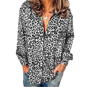 Andongnywell Women's Button Leopard Printed Long Sleeve Tunic Blouse Tops Shirts Tunics t Shirts (White,5,XX-Large)