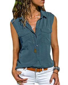 andongnywell womens casual lapel sleeveless solid color shirts button blouses shirt tops pockets shirt blouse (blue,9,6x-large)