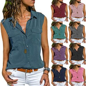 Andongnywell Womens Casual Lapel Sleeveless Solid Color Shirts Button Blouses Shirt Tops Pockets Shirt Blouse (Blue,9,6X-Large)