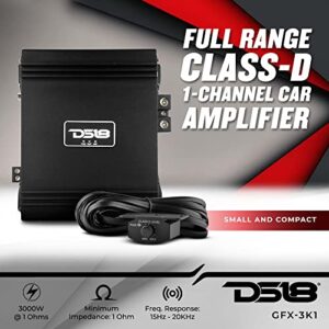 DS18 GFX-3K1 Car Audio Amplifier 1-Channel Class D Full-Range Monoblock 3000 Watts Rms 1-Ohm - Bass Knob Controller Included - Easy Installation - Powerful Amp for Vehicle Sound Systems