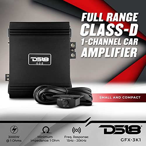 DS18 GFX-3K1 Car Audio Amplifier 1-Channel Class D Full-Range Monoblock 3000 Watts Rms 1-Ohm - Bass Knob Controller Included - Easy Installation - Powerful Amp for Vehicle Sound Systems