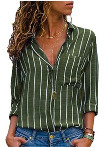 andongnywell women’s stripe lapel long sleeve shirts tops plain front pockets turn down button shirts (green,3,large)
