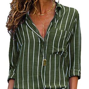 Andongnywell Women's Stripe Lapel Long Sleeve Shirts Tops Plain Front Pockets Turn Down Button Shirts (Green,3,Large)