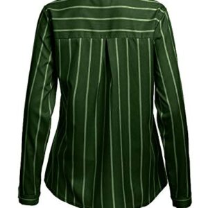 Andongnywell Women's Stripe Lapel Long Sleeve Shirts Tops Plain Front Pockets Turn Down Button Shirts (Green,3,Large)