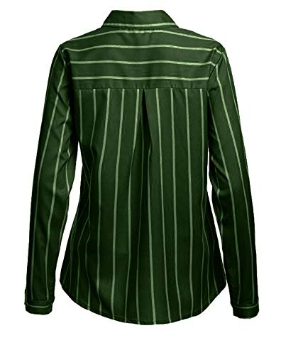 Andongnywell Women's Stripe Lapel Long Sleeve Shirts Tops Plain Front Pockets Turn Down Button Shirts (Green,3,Large)