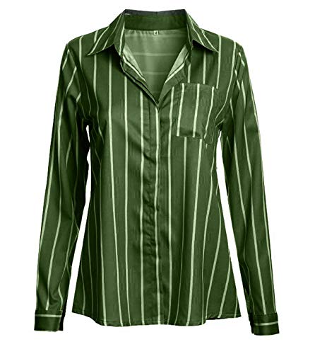 Andongnywell Women's Stripe Lapel Long Sleeve Shirts Tops Plain Front Pockets Turn Down Button Shirts (Green,3,Large)