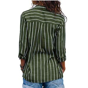 Andongnywell Women's Stripe Lapel Long Sleeve Shirts Tops Plain Front Pockets Turn Down Button Shirts (Green,3,Large)