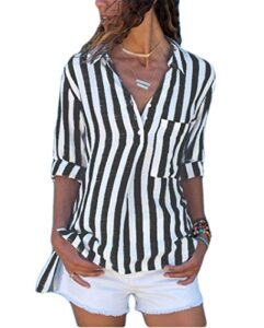 andongnywell women’s tops button cardigan shirts casual long sleeve stripe blouse for summer business v neck work (black,1,small)
