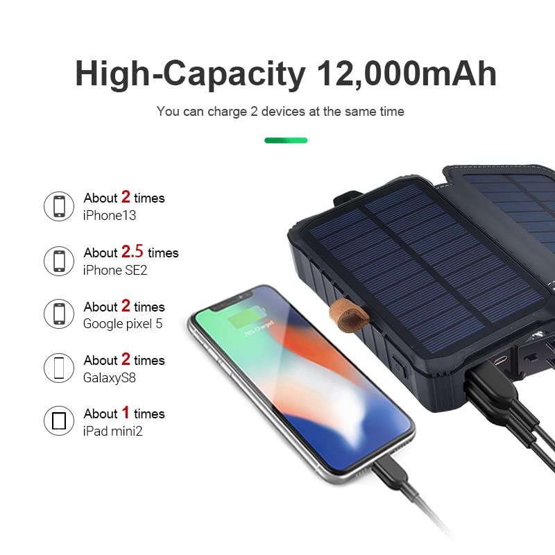 B BZ Solutions Solar Power Bank with Manual Hand Crank Power Generator12000mAh for iPhone, Tablet, Samsung Dual USB Output Emergency LED Light Outdoor Camping Survival Gear