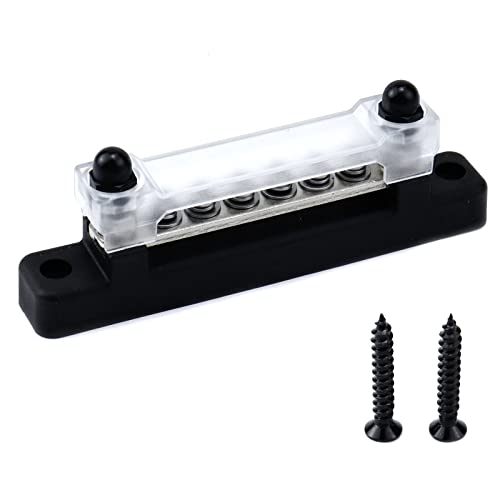 MY MIRONEY 6 Terminal Bus Bar Ground Power Terminal Block Black Power Distribution Terminal Block with Cover for Car Marine Boat RV, 6 M4 Screws + 2 Studs