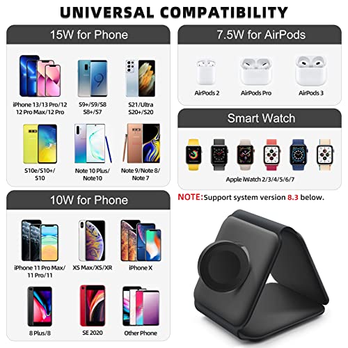 Wireless Charger, 3 in 1 Qi-Certified Fast Charging Station, Portable Magnetic Charger Pad Compatible with Apple Watch AirPods iPhone 14/13/12/11/Pro/Max