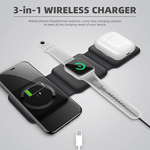 Wireless Charger, 3 in 1 Qi-Certified Fast Charging Station, Portable Magnetic Charger Pad Compatible with Apple Watch AirPods iPhone 14/13/12/11/Pro/Max