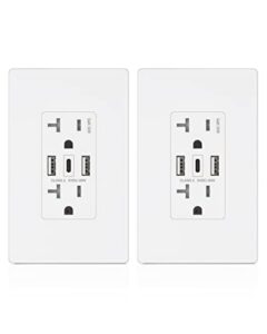 amerisense gan 30w 6amp 3-port usb wall outlet, 20 amp tamper-resistant receptacle with 2 usb type a & 1 type c port, usb charger for iphone/ipad/samsung/lg/htc, ul listed – 2 pack