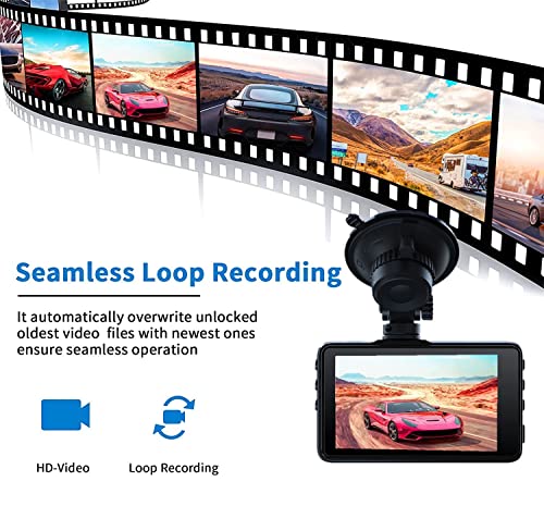 Dash Cam 1080P Full HD, 2 Mounting Options, On-Dashboard Camera Video Recorder Dashcam for Cars with 3" LCD Display, Night Vision, WDR, Motion Detection, Parking Mode, G-Sensor, 170° Wide Angle