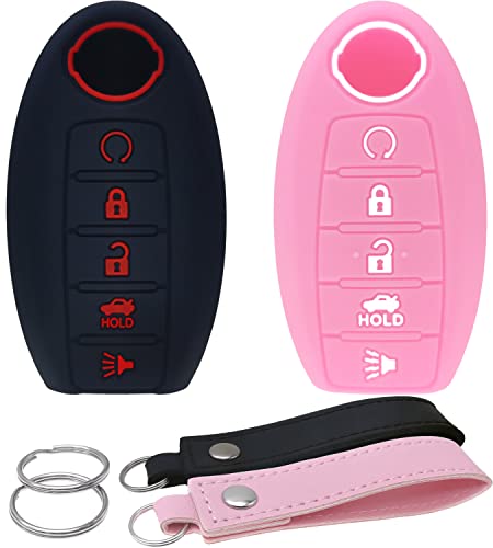 waymei Silicone Key Fob Cover Remote Keyless Case Protector Compatible with Nissan Altima Armada Maxima Murano Pathfinder Rogue Sedan KR5S180144014 285E3-3TP5A (5 Buttons Black & Pink)