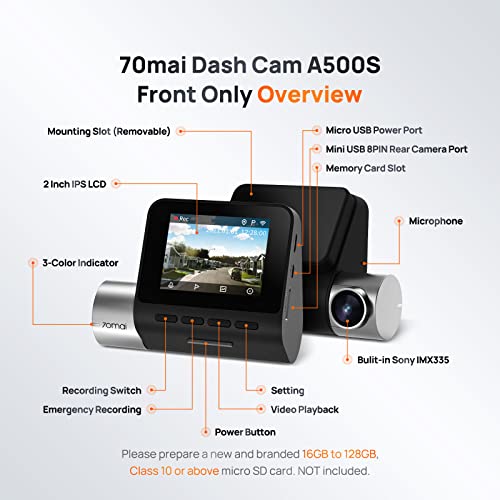 70mai True 2.7K 1944P Ultra Full HD with Optional Rear Dash Cam Pro Plus+ A500S, Sony IMX335,Built in WiFi GPS Smart Dash Camera for Cars, ADAS,2'' IPS LCD Screen, 140° FOV, WDR, Night Vision