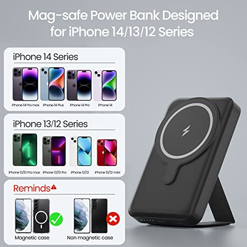 NEWDERY Magnetic Wireless Portable Charger, 10000mAh Mag-Safe Battery Pack 15W Fast Charging, PD 22W USB-C Power Bank Foldable Stand Compatible iPhone 14/13/12 Pro Max Plus Mini-Black