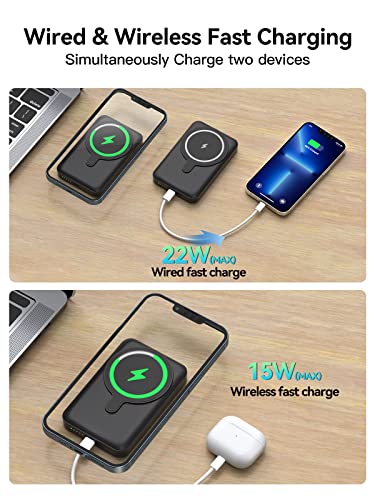 NEWDERY Magnetic Wireless Portable Charger, 10000mAh Mag-Safe Battery Pack 15W Fast Charging, PD 22W USB-C Power Bank Foldable Stand Compatible iPhone 14/13/12 Pro Max Plus Mini-Black