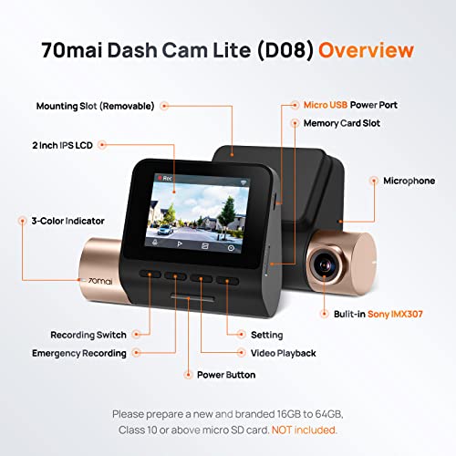70mai Dash Cam Lite, 1080P Full HD, Smart Dash Camera for Cars, Sony IMX307, Built-in G-Sensor, 130° Wide Angle FOV, WDR, Night Vision, Loop Recording