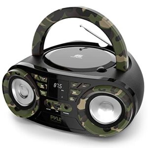 pyle portable cd player bluetooth boombox speaker – am/fm stereo radio & audio sound, supports cd-r-rw/mp3/wma, usb, aux, headphone, led display, ac/battery powered, camouflage – pyle phcd59.5