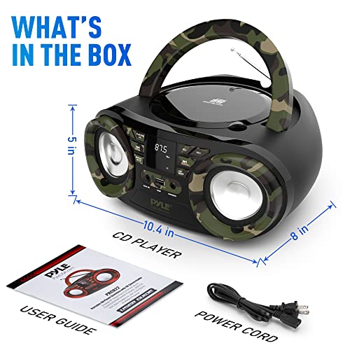 Pyle Portable CD Player Bluetooth Boombox Speaker - AM/FM Stereo Radio & Audio Sound, Supports CD-R-RW/MP3/WMA, USB, AUX, Headphone, LED Display, AC/Battery Powered, Camouflage - Pyle PHCD59.5