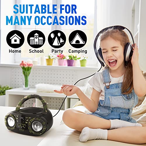 Pyle Portable CD Player Bluetooth Boombox Speaker - AM/FM Stereo Radio & Audio Sound, Supports CD-R-RW/MP3/WMA, USB, AUX, Headphone, LED Display, AC/Battery Powered, Camouflage - Pyle PHCD59.5