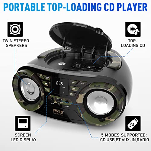 Pyle Portable CD Player Bluetooth Boombox Speaker - AM/FM Stereo Radio & Audio Sound, Supports CD-R-RW/MP3/WMA, USB, AUX, Headphone, LED Display, AC/Battery Powered, Camouflage - Pyle PHCD59.5