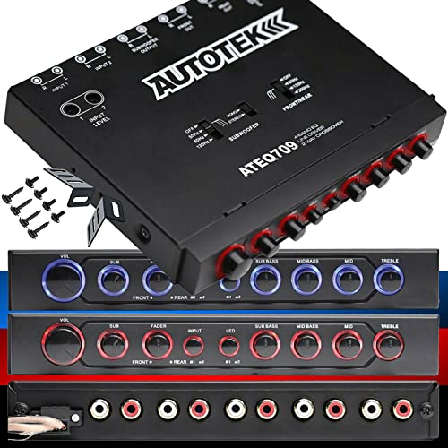 Autotek ATEQ709 4-Band Audio Equalizer with Built-in 2-Way Crossover, 9 Volts, 1/2 DIN, re-amp EQ with Front/Rear Active Crossover, and Selectable 12dB high-Pass Crossover,Black