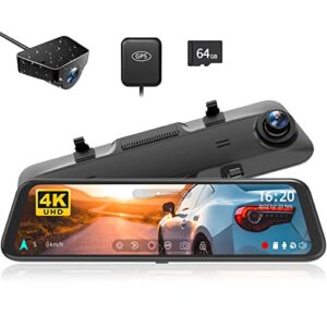 wolfbox g850 4k mirror dash cam,12” mirror dash cam front and rear,1080p rear view mirror camera,dual dash camera for cars with 64gb tf card & gps,super night vision,parking monitoring