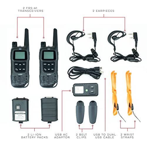 BTECH FRS-A1 2 Pack FRS Black Walkie Talkies, NOAA, High Output Two-Way Radio. USB-C Charging, Built in Flashlight, FM Radio, NOAA, and More