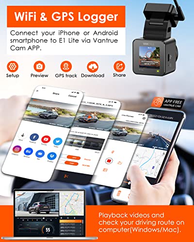 Vantrue E1 Lite 1080P WiFi Mini Dash Cam with GPS and Speed, Free APP, Voice Control Front Car Dash Camera, 24 Hours Parking Mode, Night Vision, Motion Detection, Loop Recording, Support 512GB Max