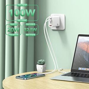 100W USB C Charger, THREEKEY 4-Port GaN Foldable Fast Charger Block with 100W 3.3FT C to C Cable, Compatible with MacBook Pro/Air,iPhone 14/13/12,iPad Pro/Mini/Air,Galaxy S22/21,Laptop and More.