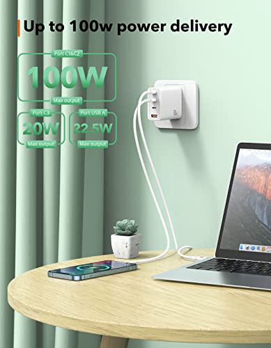 100W USB C Charger, THREEKEY 4-Port GaN Foldable Fast Charger Block with 100W 3.3FT C to C Cable, Compatible with MacBook Pro/Air,iPhone 14/13/12,iPad Pro/Mini/Air,Galaxy S22/21,Laptop and More.