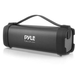 pyle wireless portable bluetooth speaker- 100 watt power rugged compact audio sound box stereo system with built-in rechargeable battery, 3.5mm aux input jack,fm radio,mp3 & usb reader-pbmsqg5, black
