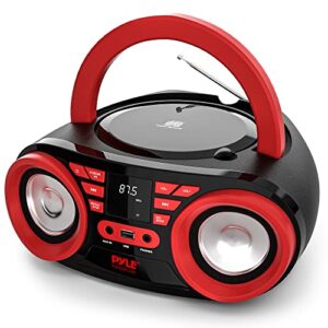 pyle portable cd player bluetooth boombox speaker – am/fm stereo radio & audio sound, supports cd-r-rw/mp3/wma, usb, aux, headphone, led display, ac/battery powered, red black – phcd22.5