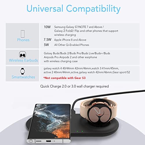 Wireless Charging Station, Dual Wireless Charger for Samsung Galaxy Watch 4/3 Active2/1,Fast Wireless Charging Pad for Samsung Galaxy Z Flip4/3 Fold 4/3 S22/Ultra/+/S21/Note 20/10 Buds2 Pro(Adapter)