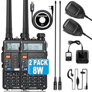 ham radio, baofeng 8w dual band two way radio long range, handheld uv5r radio, professional 2 way radios with rechargeable battery, charger, earpieces, mic and programming cable (2 pack)