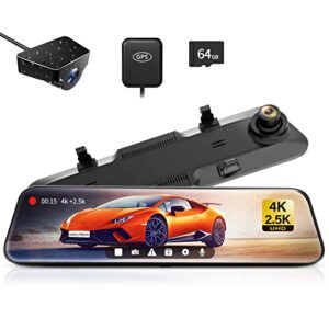 wolfbox rear view mirror camera:mirror dash cam front and rear 4k+2.5k for car with 12″ full touch screen, waterproof backup wdr camera, night vision, g-sensor, parking assist,free 64gb card & gps