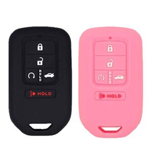 exuntech 2pcs silicone key fob cover case full protector remote cover case skin jacket for a2c81642600 2015 2016 2017 2018 2019 honda civic accord pilot cr-v 5 buttons smart key, black pink
