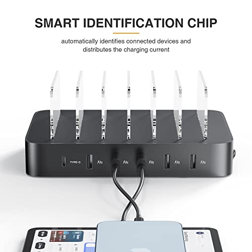 Charging Station for Multiple Devices, 6 Ports USB Charging Station with PD 20W USB-C & 8 Mixed Short Cables, 50W Multi USB Charger Station Compatible with iPhone, iPad, Cell Phone, Tablets