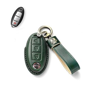 sanrily 3-button leather key fob cover for nissan armada rogue murano cube 370z leaf juke quest keyless remote key protective case with lucky cat key ring green
